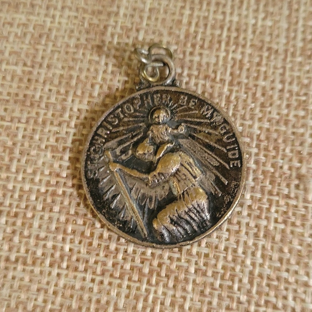 Vintage St Christopher Be My Guide Medal Compass Pendant Silver Tone 1 inch